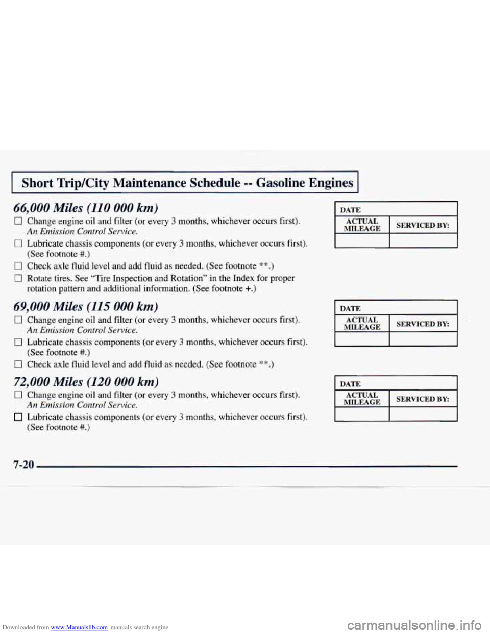 CHEVROLET EXPRESS 1998 1.G Owners Manual Downloaded from www.Manualslib.com manuals search engine 1 Short TripKity Maintenance Schedule -- Gasoline Engines
66,000 Miles (110 000 km)
0 Change engine oil and filter (or every 3 months, w CHEVROLET EXPRESS 1998 1.G Owners Manual Downloaded from www.Manualslib.com manuals search engine 1 Short TripKity Maintenance Schedule -- Gasoline Engines
66,000 Miles (110 000 km)
0 Change engine oil and filter (or every 3 months, w