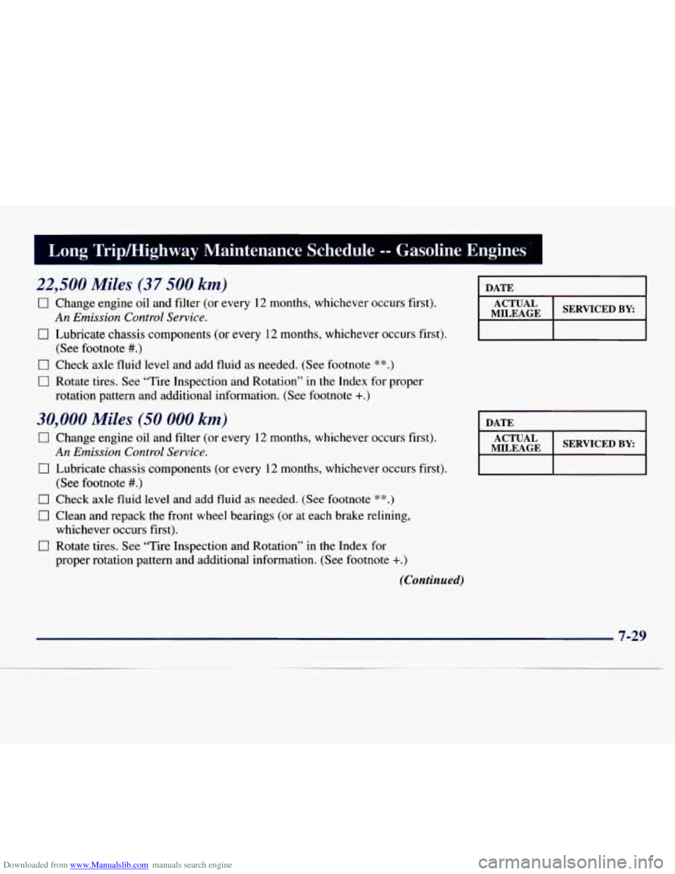 CHEVROLET EXPRESS 1998 1.G Owners Manual Downloaded from www.Manualslib.com manuals search engine Long. TriplHighway Maintenance Schedule -- Gasoline Engines ”
22,500 Miles (37 500 km)
0 Change engine oil and filter (or every 12 m CHEVROLET EXPRESS 1998 1.G Owners Manual Downloaded from www.Manualslib.com manuals search engine Long. TriplHighway Maintenance Schedule -- Gasoline Engines ”
22,500 Miles (37 500 km)
0 Change engine oil and filter (or every 12 m