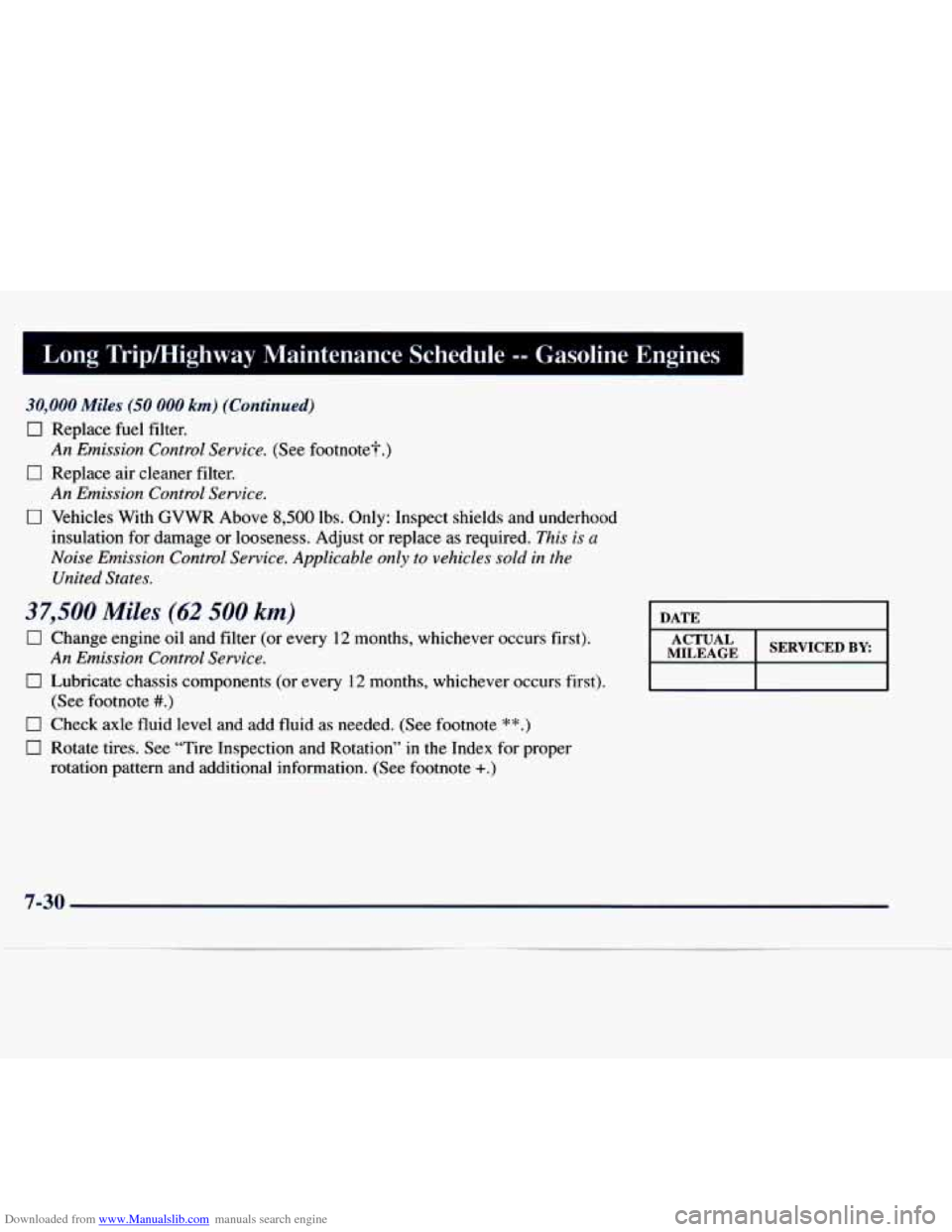 CHEVROLET EXPRESS 1998 1.G Owners Manual Downloaded from www.Manualslib.com manuals search engine Long Trip/Highway Maintenance Schedule -- Gasoline Engines
30,000 Miles (50 000 km) (Continued)
0 Replace fuel filter.
An Emission Contr CHEVROLET EXPRESS 1998 1.G Owners Manual Downloaded from www.Manualslib.com manuals search engine Long Trip/Highway Maintenance Schedule -- Gasoline Engines
30,000 Miles (50 000 km) (Continued)
0 Replace fuel filter.
An Emission Contr