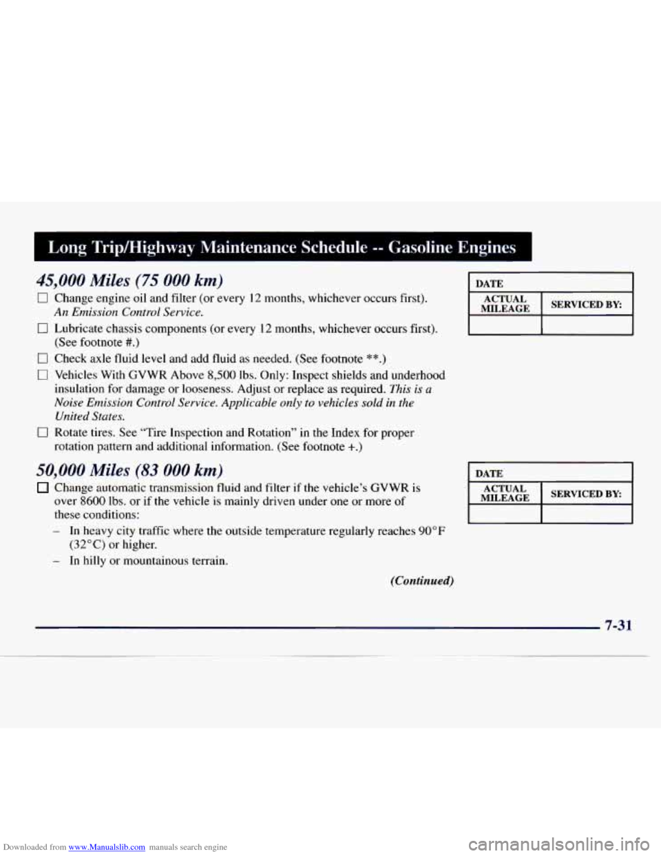 CHEVROLET EXPRESS 1998 1.G Owners Manual Downloaded from www.Manualslib.com manuals search engine Long Tripmighway Maintenance Schedule -- Gasoline Engines
45,000 Miles (75 000 km)
0 Change engine oil and filter (or every 12 months, CHEVROLET EXPRESS 1998 1.G Owners Manual Downloaded from www.Manualslib.com manuals search engine Long Tripmighway Maintenance Schedule -- Gasoline Engines
45,000 Miles (75 000 km)
0 Change engine oil and filter (or every 12 months,