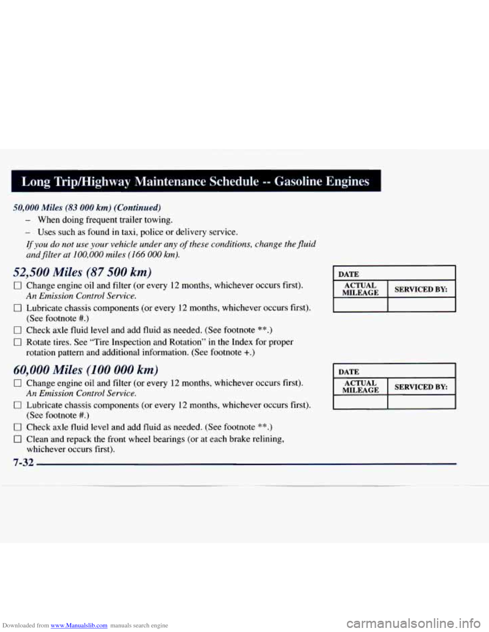 CHEVROLET EXPRESS 1998 1.G Owners Manual Downloaded from www.Manualslib.com manuals search engine Long Triphlighway Maintenance Schedule -- Gasoline Engines
50,000 Miles (83 000 km) (Continued)
- When doing frequent trailer towing.
- CHEVROLET EXPRESS 1998 1.G Owners Manual Downloaded from www.Manualslib.com manuals search engine Long Triphlighway Maintenance Schedule -- Gasoline Engines
50,000 Miles (83 000 km) (Continued)
- When doing frequent trailer towing.
-