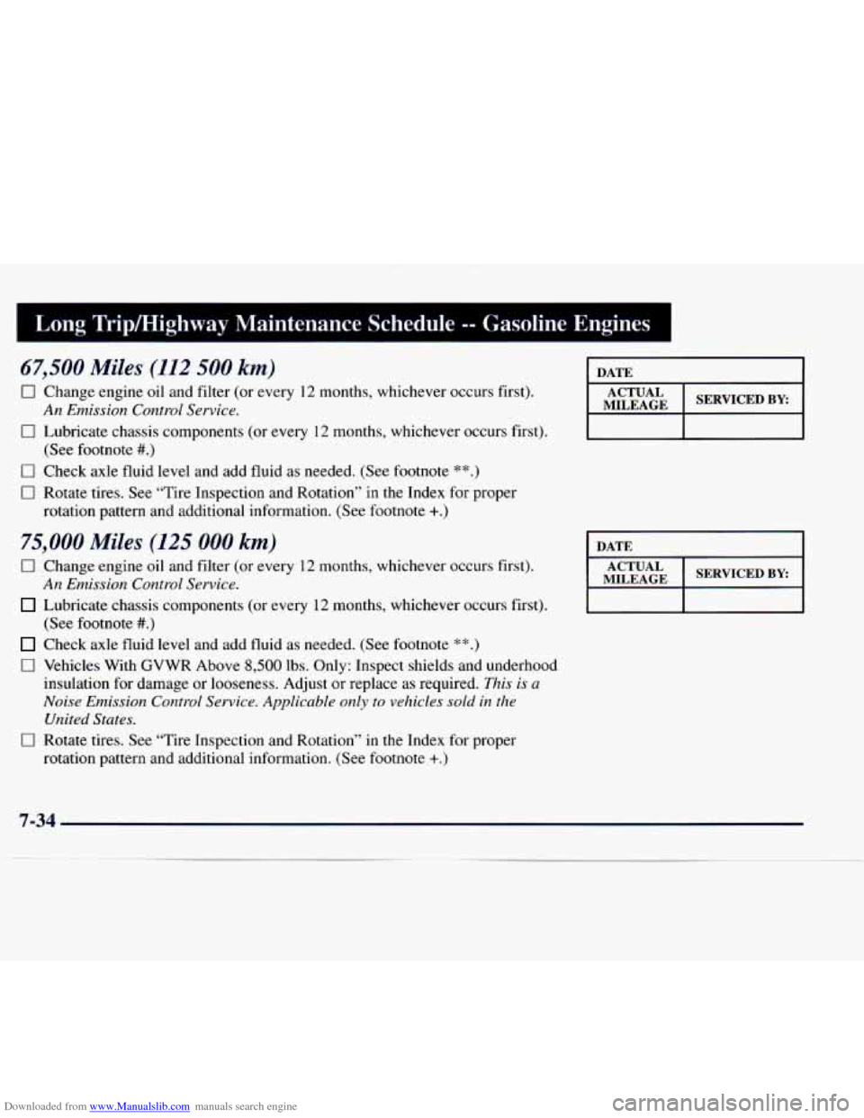 CHEVROLET EXPRESS 1998 1.G Owners Manual Downloaded from www.Manualslib.com manuals search engine I Long TripMighway Maintenance Schedule -- Gasoline Engines
67,500 Miles (112 500 km)
0 Change engine oil and filter (or every 12 month CHEVROLET EXPRESS 1998 1.G Owners Manual Downloaded from www.Manualslib.com manuals search engine I Long TripMighway Maintenance Schedule -- Gasoline Engines
67,500 Miles (112 500 km)
0 Change engine oil and filter (or every 12 month