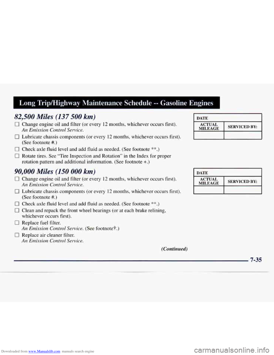 CHEVROLET EXPRESS 1998 1.G Owners Manual Downloaded from www.Manualslib.com manuals search engine Long Tripmighway Maintenance Schedule -- Gasoline Engines
82,500 Miles (137 500 km)
0
0
Change engine oil and filter (or every 12 mont CHEVROLET EXPRESS 1998 1.G Owners Manual Downloaded from www.Manualslib.com manuals search engine Long Tripmighway Maintenance Schedule -- Gasoline Engines
82,500 Miles (137 500 km)
0
0
Change engine oil and filter (or every 12 mont