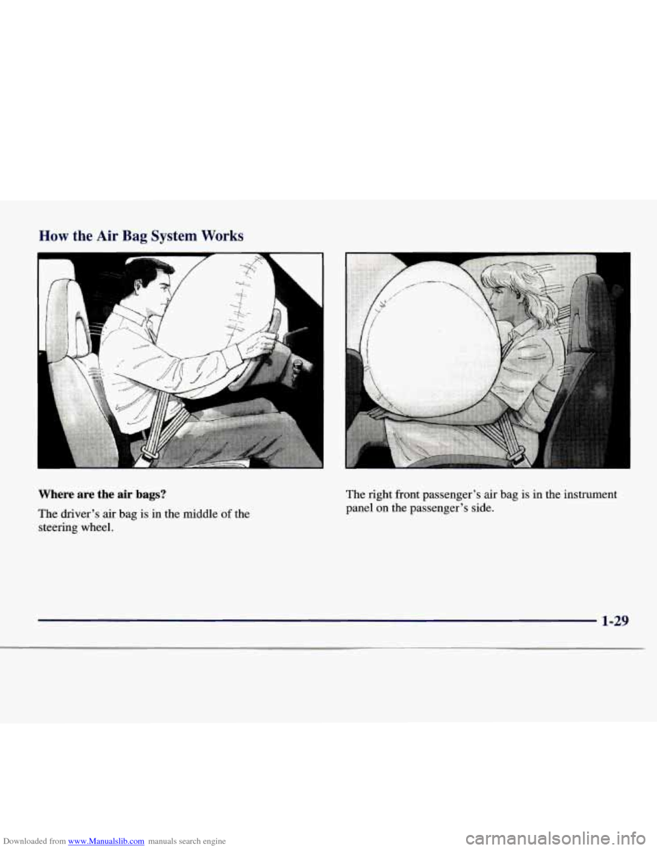 CHEVROLET EXPRESS 1998 1.G Owners Guide Downloaded from www.Manualslib.com manuals search engine How the Air Bag System Works 
.... 
Where  are  the  air  bags? 
The drivers air bag is in the middle of the 
steering  wheel. 
c 
The right  