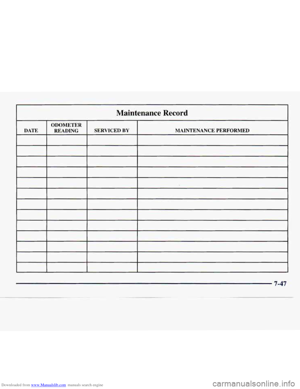 CHEVROLET EXPRESS 1998 1.G Owners Manual Downloaded from www.Manualslib.com manuals search engine Maintenance Record
ODOMETER
DATE READING SERVICED
BY MAr- -rENANCE PERFORMED
7-47 CHEVROLET EXPRESS 1998 1.G Owners Manual Downloaded from www.Manualslib.com manuals search engine Maintenance Record
ODOMETER
DATE READING SERVICED
BY MAr- -rENANCE PERFORMED
7-47