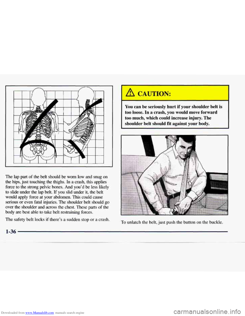 CHEVROLET EXPRESS 1998 1.G Service Manual Downloaded from www.Manualslib.com manuals search engine The  lap part of the  belt  should  be  worn  low  and  snug  on 
the  hips,  just touching  the  thighs. 
In a crash,  this  applies 
force  t