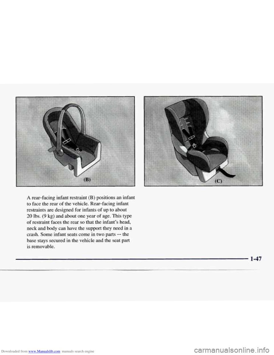 CHEVROLET EXPRESS 1998 1.G Workshop Manual Downloaded from www.Manualslib.com manuals search engine A rear-facing infant restraint (B) positions an infant
to face the rear
of the vehicle. Rear-facing infant
restraints are designed for CHEVROLET EXPRESS 1998 1.G Workshop Manual Downloaded from www.Manualslib.com manuals search engine A rear-facing infant restraint (B) positions an infant
to face the rear
of the vehicle. Rear-facing infant
restraints are designed for