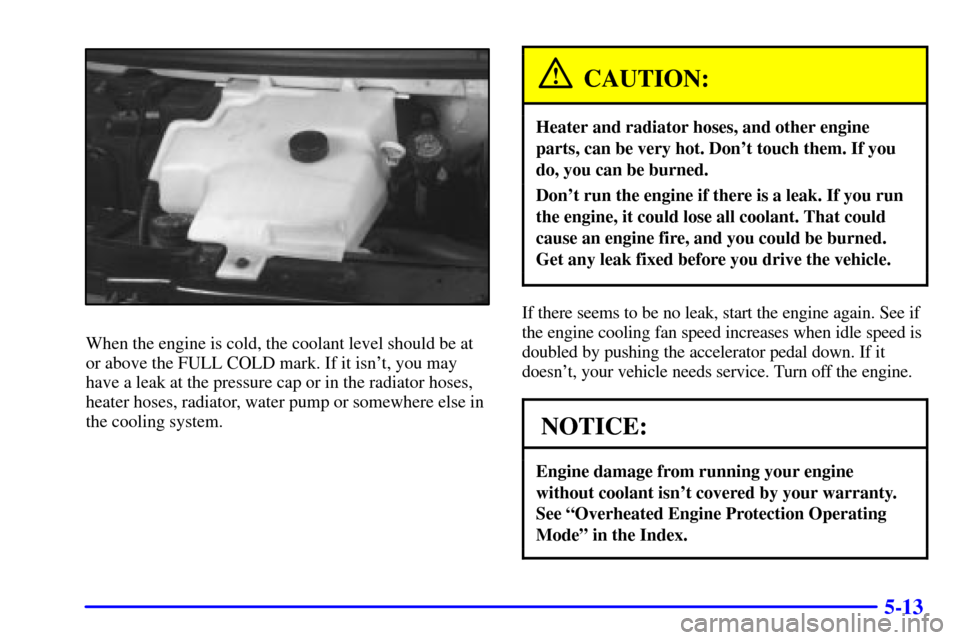 CHEVROLET EXPRESS CARGO VAN 2002 1.G Owners Manual 5-13
When the engine is cold, the coolant level should be at
or above the FULL COLD mark. If it isnt, you may
have a leak at the pressure cap or in the radiator hoses,
heater hoses, radiator, water p