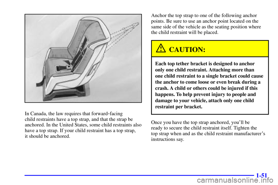 CHEVROLET EXPRESS CARGO VAN 2002 1.G Workshop Manual 1-51
In Canada, the law requires that forward-facing
child restraints have a top strap, and that the strap be
anchored. In the United States, some child restraints also
have a top strap. If your chil CHEVROLET EXPRESS CARGO VAN 2002 1.G Workshop Manual 1-51
In Canada, the law requires that forward-facing
child restraints have a top strap, and that the strap be
anchored. In the United States, some child restraints also
have a top strap. If your chil