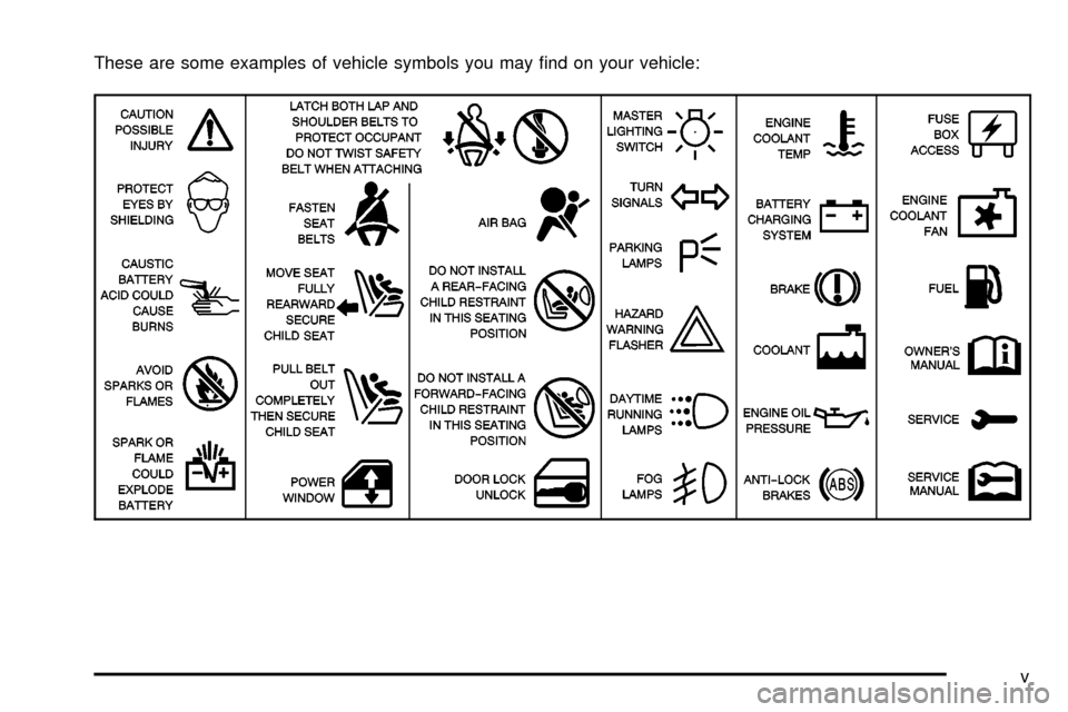 CHEVROLET EXPRESS CARGO VAN 2003 1.G Owners Manual These are some examples of vehicle symbols you may ®nd on your vehicle:
v 