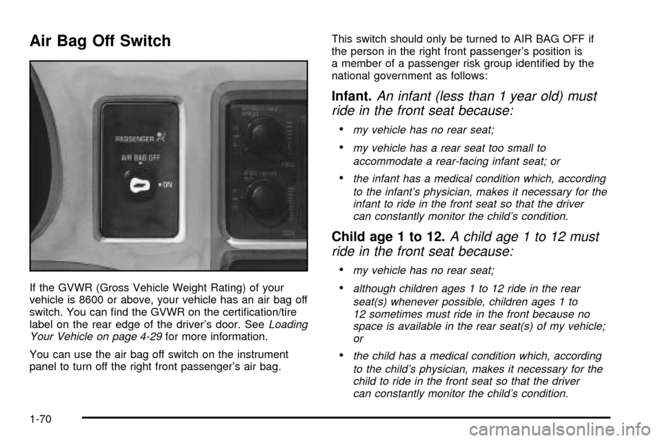 CHEVROLET EXPRESS CARGO VAN 2003 1.G Manual PDF Air Bag Off Switch
If the GVWR (Gross Vehicle Weight Rating) of your
vehicle is 8600 or above, your vehicle has an air bag off
switch. You can ®nd the GVWR on the certi®cation/tire
label on the rear CHEVROLET EXPRESS CARGO VAN 2003 1.G Manual PDF Air Bag Off Switch
If the GVWR (Gross Vehicle Weight Rating) of your
vehicle is 8600 or above, your vehicle has an air bag off
switch. You can ®nd the GVWR on the certi®cation/tire
label on the rear