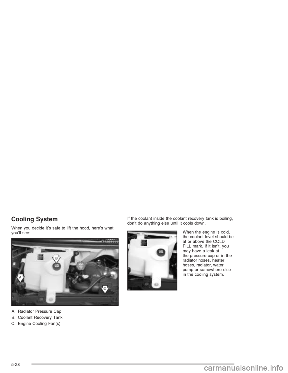 CHEVROLET EXPRESS CARGO VAN 2004 1.G Owners Manual Cooling System
When you decide it’s safe to lift the hood, here’s what
you’ll see:
A. Radiator Pressure Cap
B. Coolant Recovery Tank
C. Engine Cooling Fan(s)If the coolant inside the coolant rec