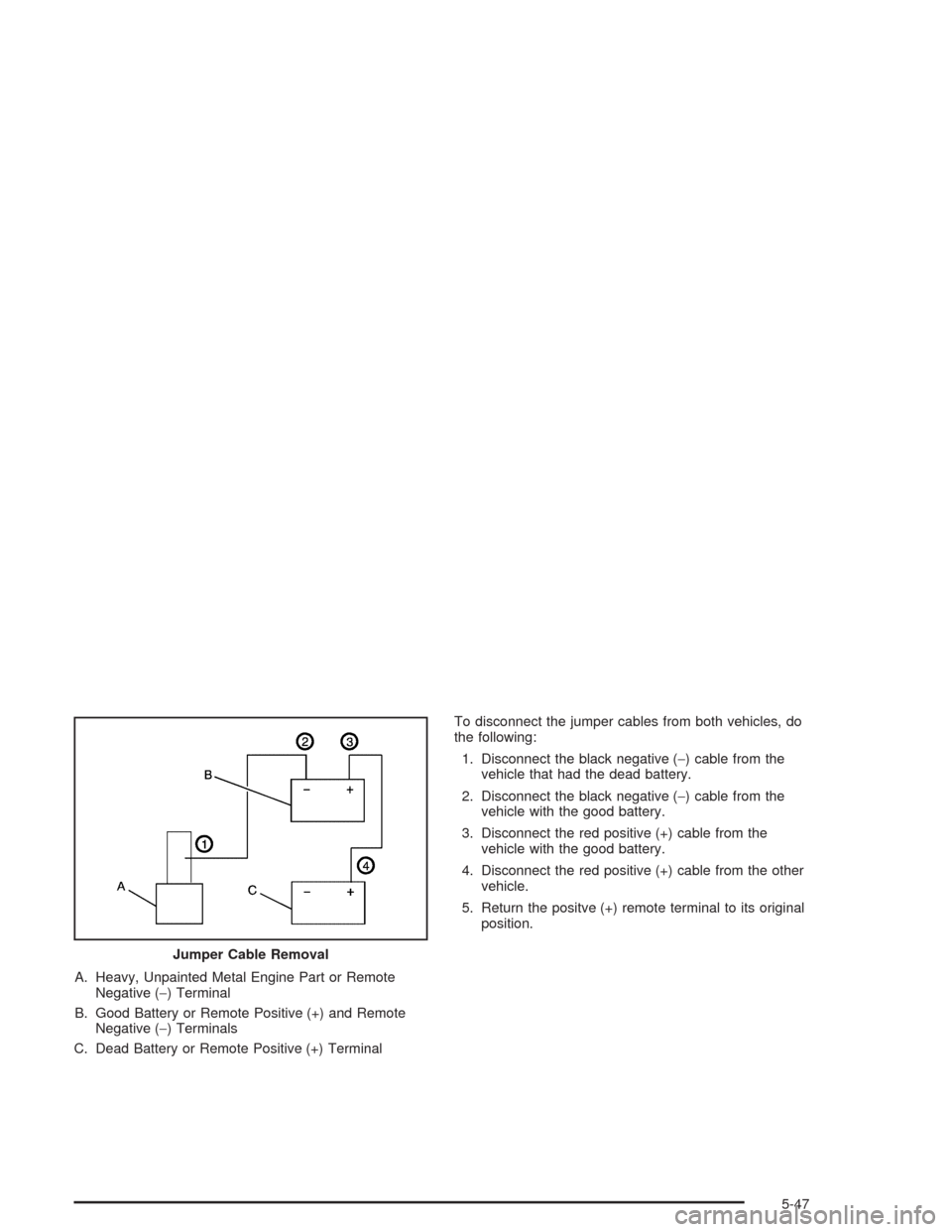 CHEVROLET EXPRESS CARGO VAN 2004 1.G Owners Manual A. Heavy, Unpainted Metal Engine Part or Remote
Negative (−) Terminal
B. Good Battery or Remote Positive (+) and Remote
Negative (−) Terminals
C. Dead Battery or Remote Positive (+) TerminalTo dis