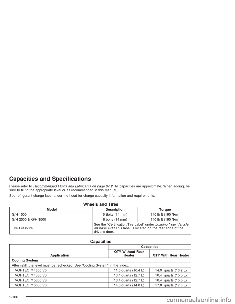 CHEVROLET EXPRESS CARGO VAN 2004 1.G Owners Manual Capacities and Speci�cations
Please refer toRecommended Fluids and Lubricants on page 6-12. All capacities are approximate. When adding, be
sure to �ll to the appropriate level or as recommended in th