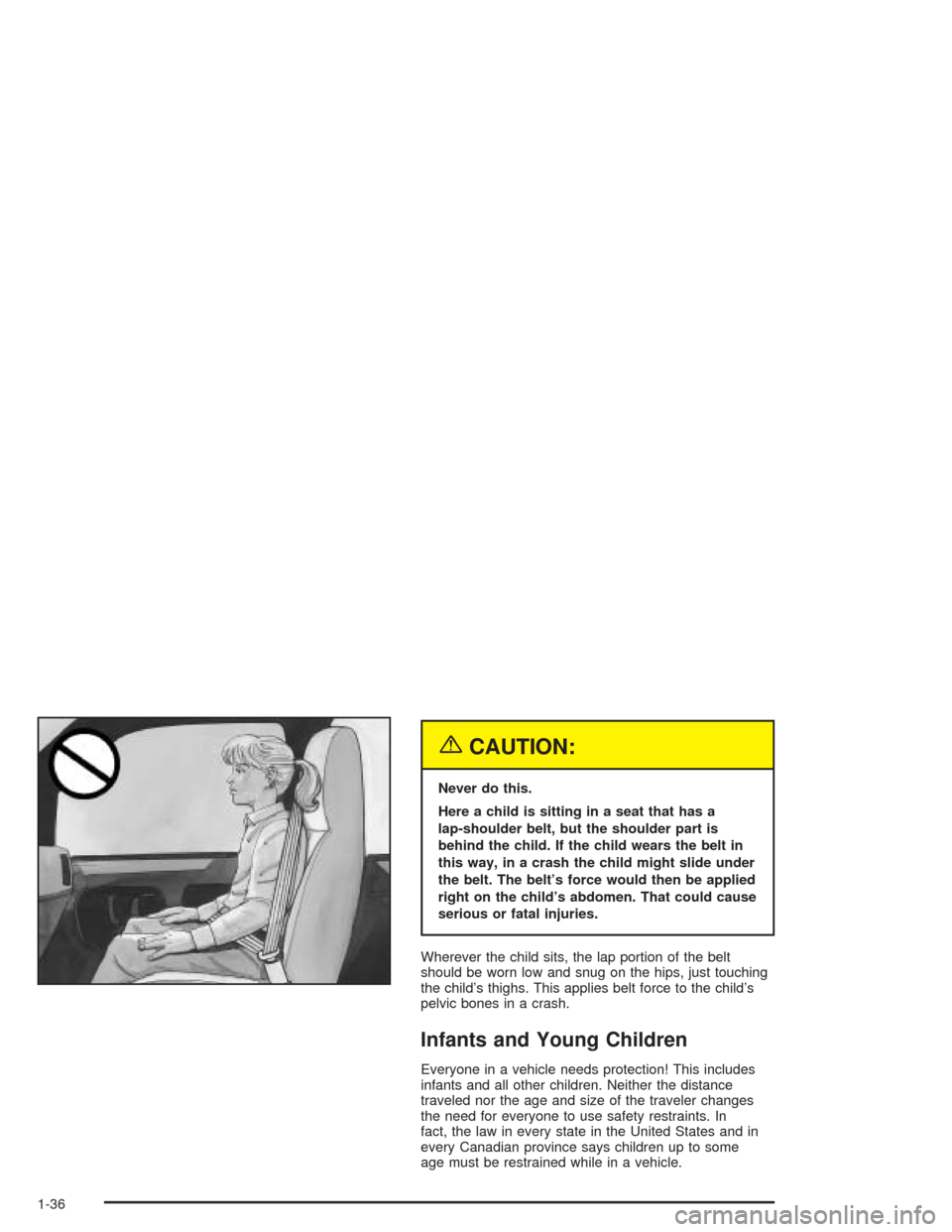 CHEVROLET EXPRESS CARGO VAN 2004 1.G Service Manual {CAUTION:
Never do this.
Here a child is sitting in a seat that has a
lap-shoulder belt, but the shoulder part is
behind the child. If the child wears the belt in
this way, in a crash the child might 