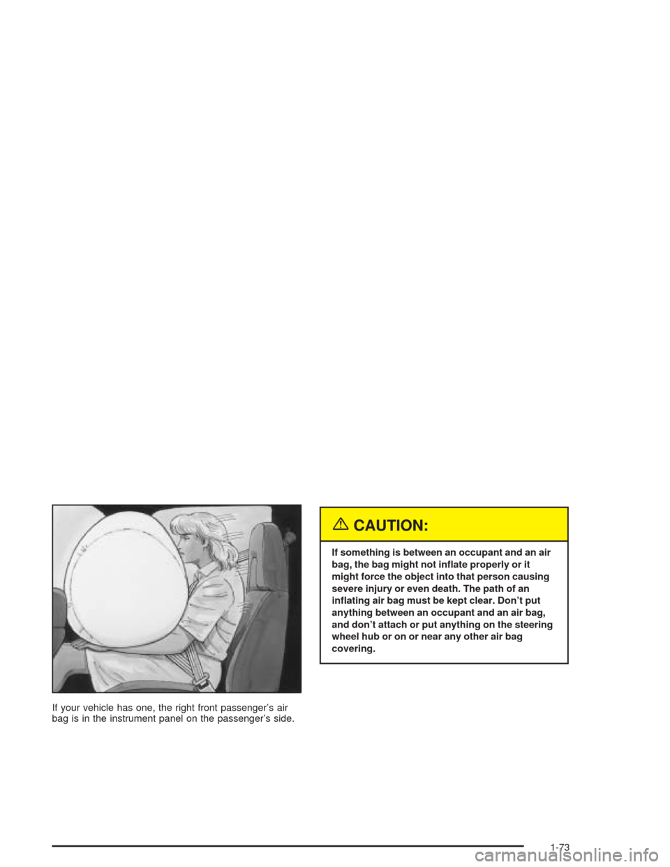 CHEVROLET EXPRESS CARGO VAN 2004 1.G Manual PDF If your vehicle has one, the right front passenger’s air
bag is in the instrument panel on the passenger’s side.
{CAUTION:
If something is between an occupant and an air
bag, the bag might not in�