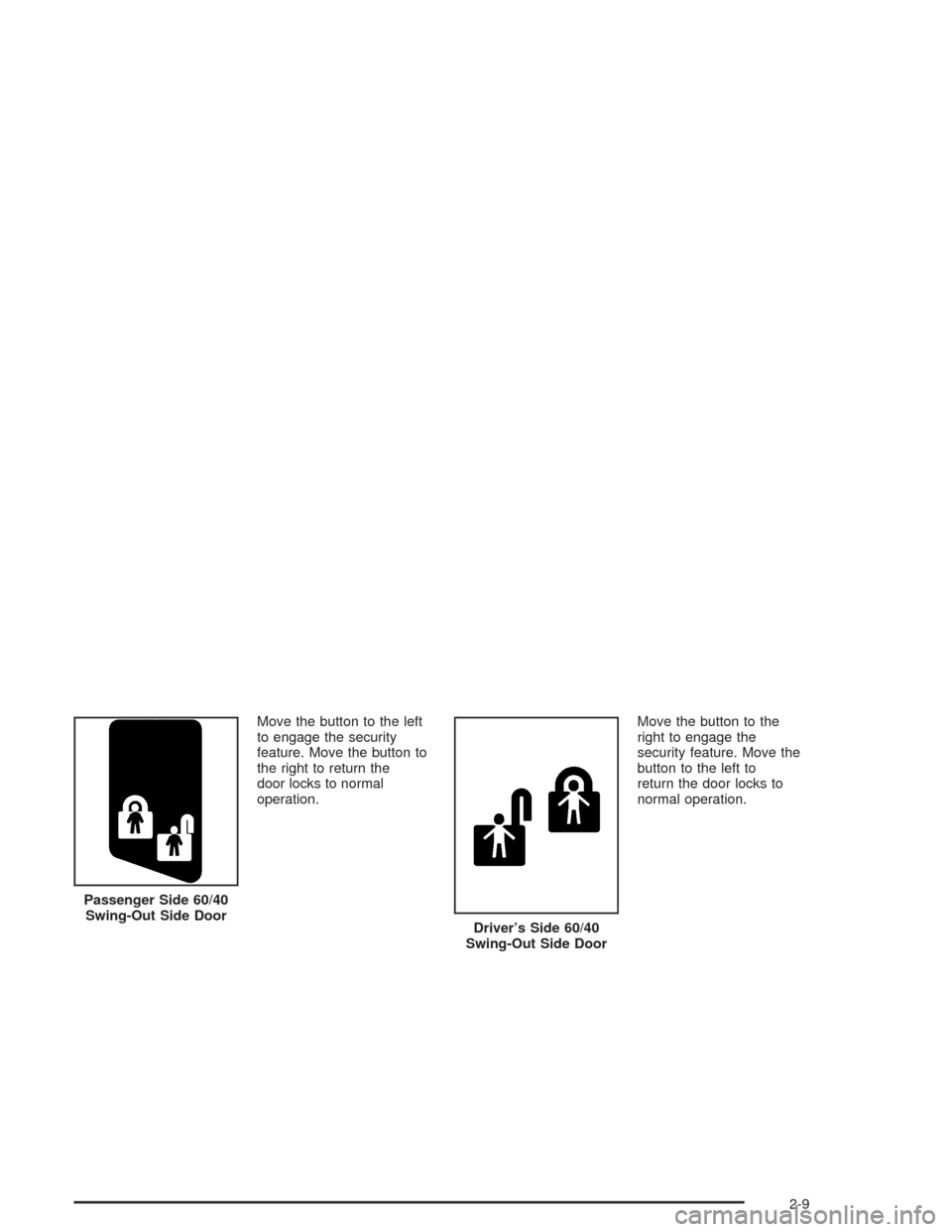 CHEVROLET EXPRESS CARGO VAN 2004 1.G Owners Manual Move the button to the left
to engage the security
feature. Move the button to
the right to return the
door locks to normal
operation.Move the button to the
right to engage the
security feature. Move 