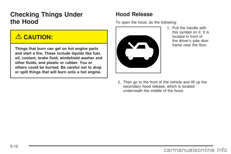CHEVROLET EXPRESS CARGO VAN 2005 1.G Owners Manual Checking Things Under
the Hood
{CAUTION:
Things that burn can get on hot engine parts
and start a �re. These include liquids like fuel,
oil, coolant, brake �uid, windshield washer and
other �uids, and