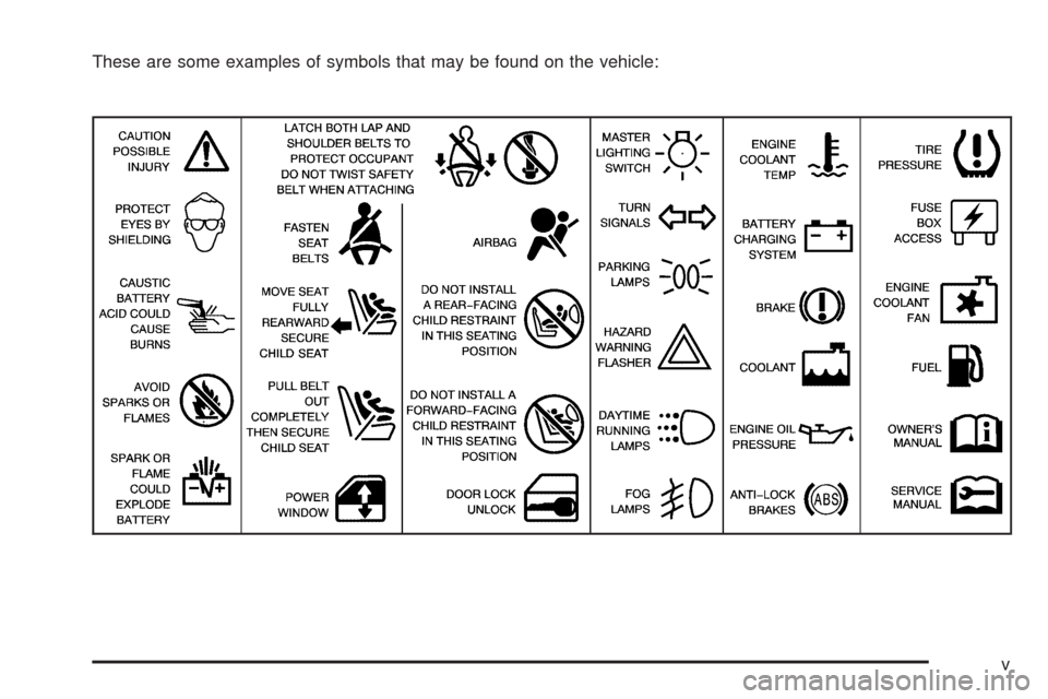 CHEVROLET EXPRESS CARGO VAN 2005 1.G Owners Manual These are some examples of symbols that may be found on the vehicle:
v 