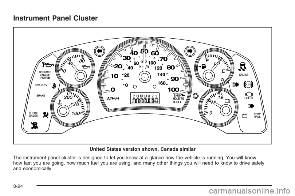 CHEVROLET EXPRESS CARGO VAN 2006 1.G Owners Manual Instrument Panel Cluster
The instrument panel cluster is designed to let you know at a glance how the vehicle is running. You will know
how fast you are going, how much fuel you are using, and many ot