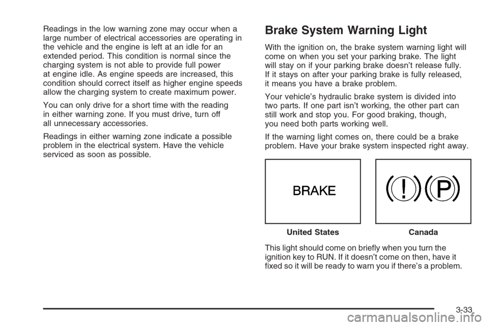 CHEVROLET EXPRESS CARGO VAN 2006 1.G Owners Manual Readings in the low warning zone may occur when a
large number of electrical accessories are operating in
the vehicle and the engine is left at an idle for an
extended period. This condition is normal