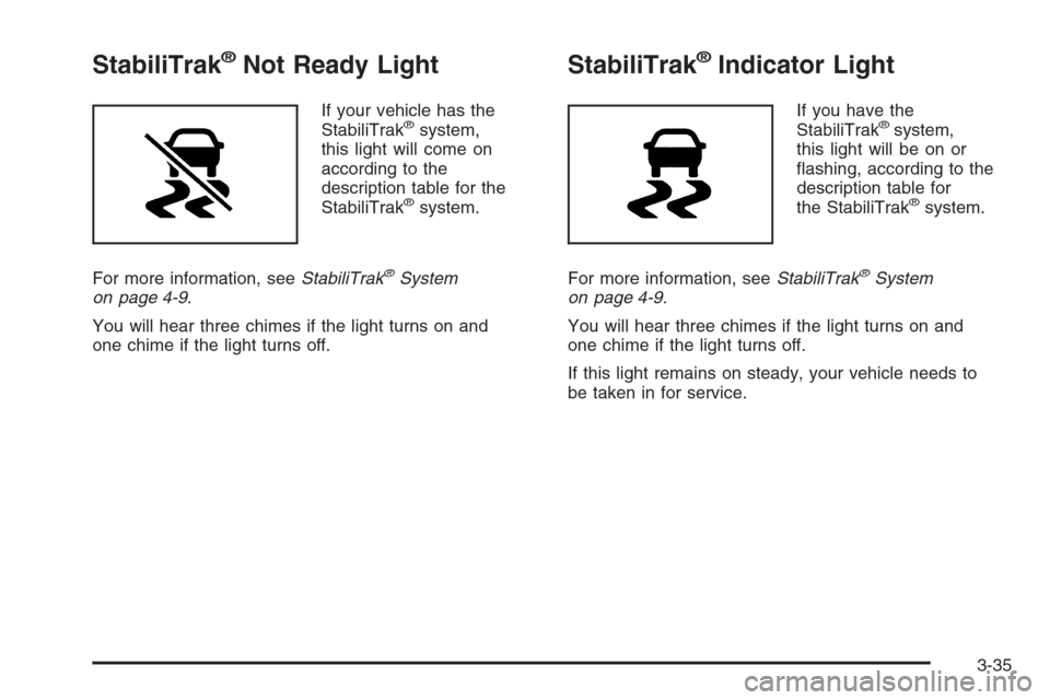 CHEVROLET EXPRESS CARGO VAN 2006 1.G Owners Manual StabiliTrak®Not Ready Light
If your vehicle has the
StabiliTrak®system,
this light will come on
according to the
description table for the
StabiliTrak
®system.
For more information, seeStabiliTrak
