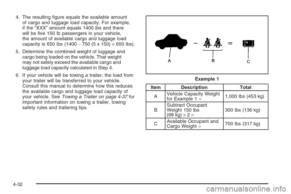 CHEVROLET EXPRESS CARGO VAN 2006 1.G Owners Manual 4. The resulting ﬁgure equals the available amount
of cargo and luggage load capacity. For example,
if the “XXX” amount equals 1400 lbs and there
will be ﬁve 150 lb passengers in your vehicle,