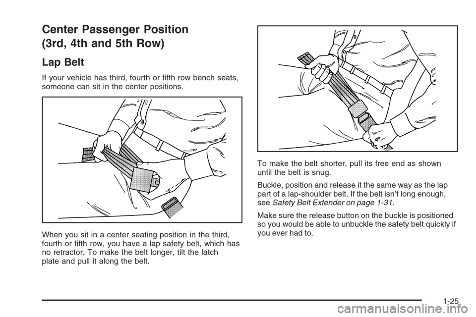 CHEVROLET EXPRESS CARGO VAN 2006 1.G Owners Guide Center Passenger Position
(3rd, 4th and 5th Row)
Lap Belt
If your vehicle has third, fourth or ﬁfth row bench seats,
someone can sit in the center positions.
When you sit in a center seating positio