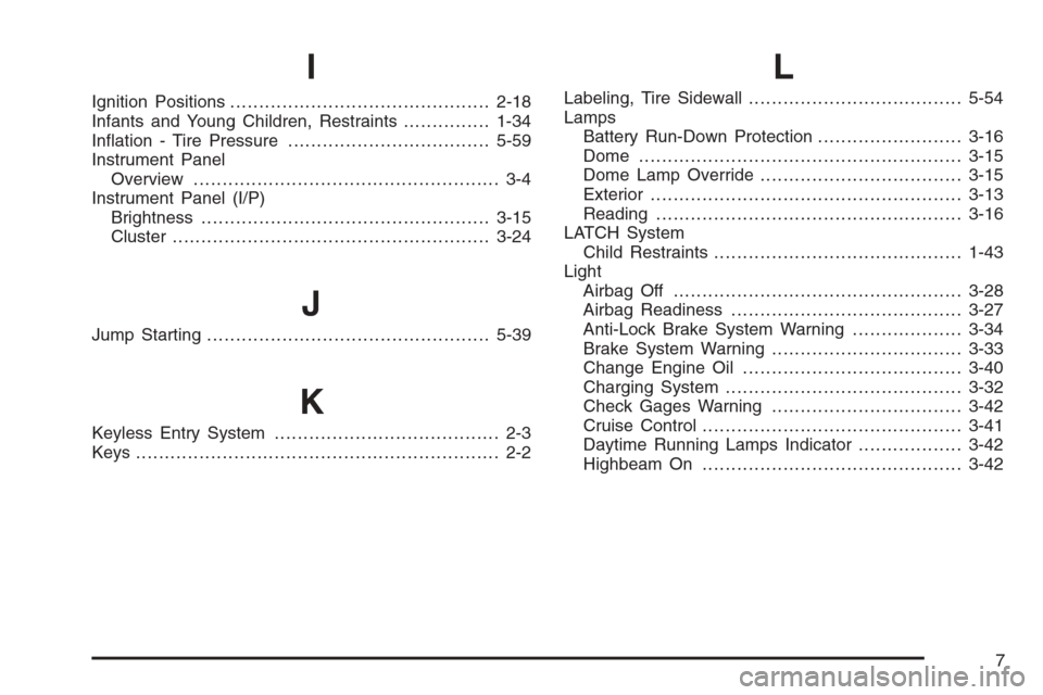 CHEVROLET EXPRESS CARGO VAN 2006 1.G Owners Manual I
Ignition Positions.............................................2-18
Infants and Young Children, Restraints...............1-34
Inﬂation - Tire Pressure...................................5-59
Instru