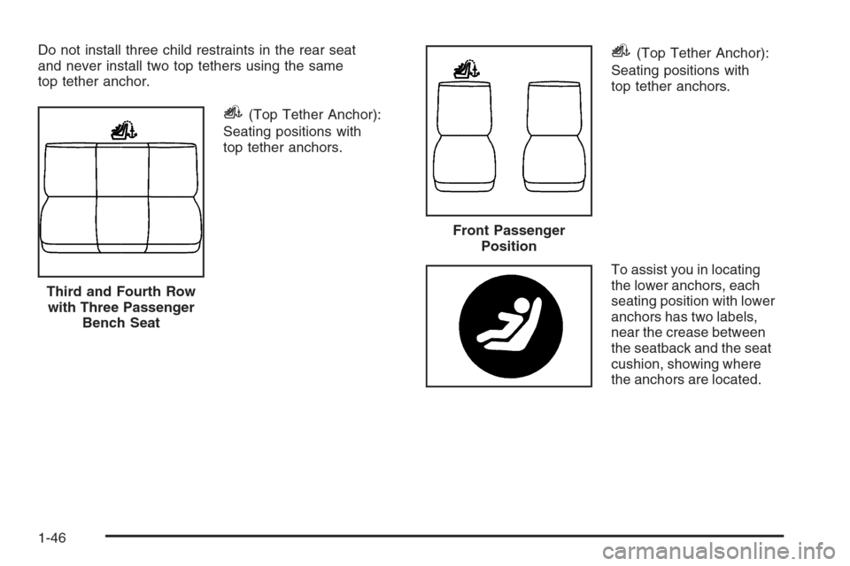 CHEVROLET EXPRESS CARGO VAN 2006 1.G Workshop Manual Do not install three child restraints in the rear seat
and never install two top tethers using the same
top tether anchor.
i(Top Tether Anchor):
Seating positions with
top tether anchors.
i(Top Tether