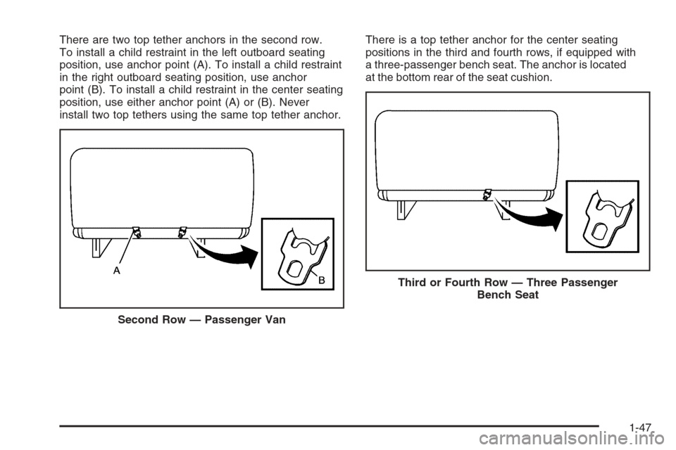 CHEVROLET EXPRESS CARGO VAN 2006 1.G Workshop Manual There are two top tether anchors in the second row.
To install a child restraint in the left outboard seating
position, use anchor point (A). To install a child restraint
in the right outboard seating
