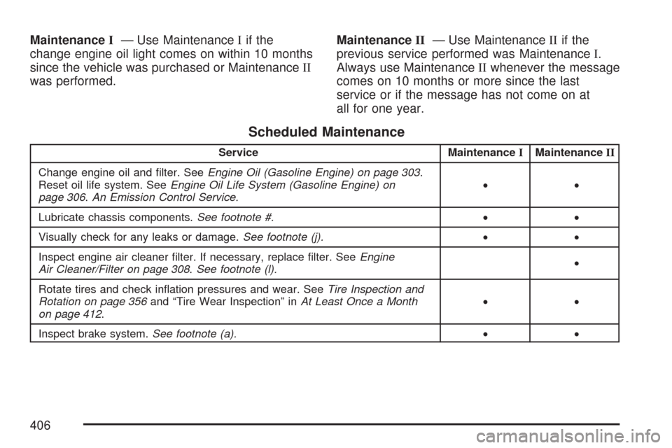 CHEVROLET EXPRESS CARGO VAN 2007 1.G Owners Manual MaintenanceI— Use MaintenanceIif the
change engine oil light comes on within 10 months
since the vehicle was purchased or MaintenanceII
was performed.MaintenanceII— Use MaintenanceIIif the
previou