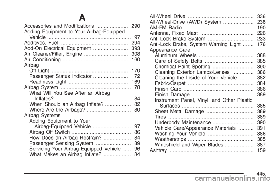 CHEVROLET EXPRESS CARGO VAN 2007 1.G User Guide A
Accessories and Modiﬁcations..................... 290
Adding Equipment to Your Airbag-Equipped
Vehicle....................................................... 97
Additives, Fuel....................