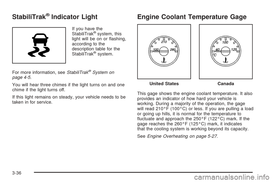 CHEVROLET EXPRESS CARGO VAN 2008 1.G Owners Manual StabiliTrak®Indicator Light
If you have the
StabiliTrak®system, this
light will be on or ﬂashing,
according to the
description table for the
StabiliTrak
®system.
For more information, seeStabiliT