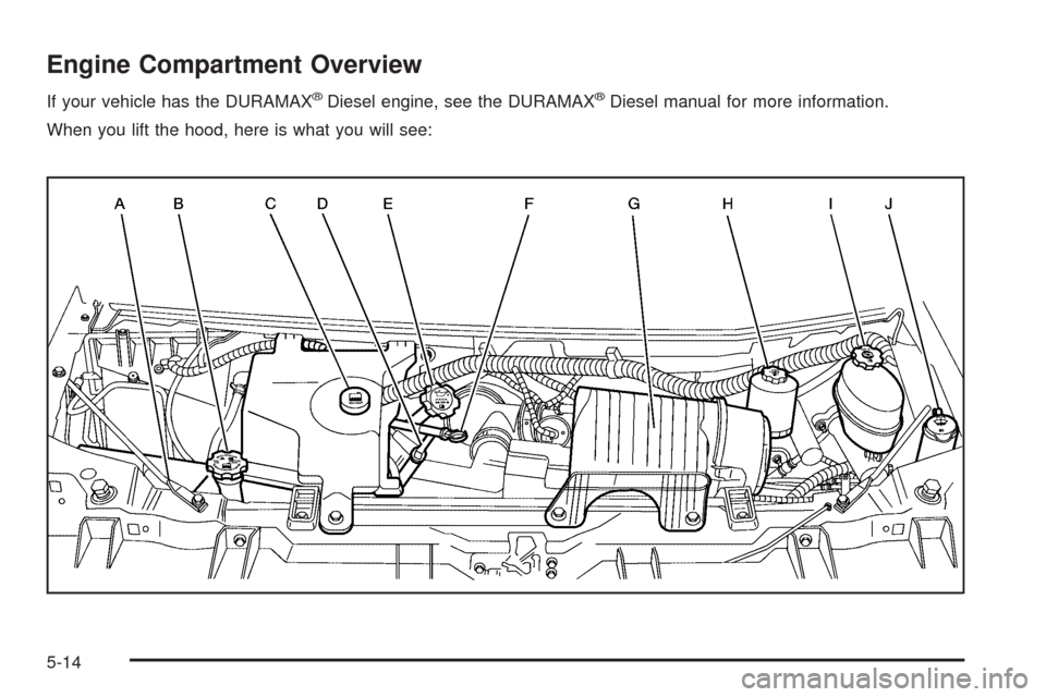 CHEVROLET EXPRESS CARGO VAN 2008 1.G Owners Manual Engine Compartment Overview
If your vehicle has the DURAMAX®Diesel engine, see the DURAMAX®Diesel manual for more information.
When you lift the hood, here is what you will see:
5-14 