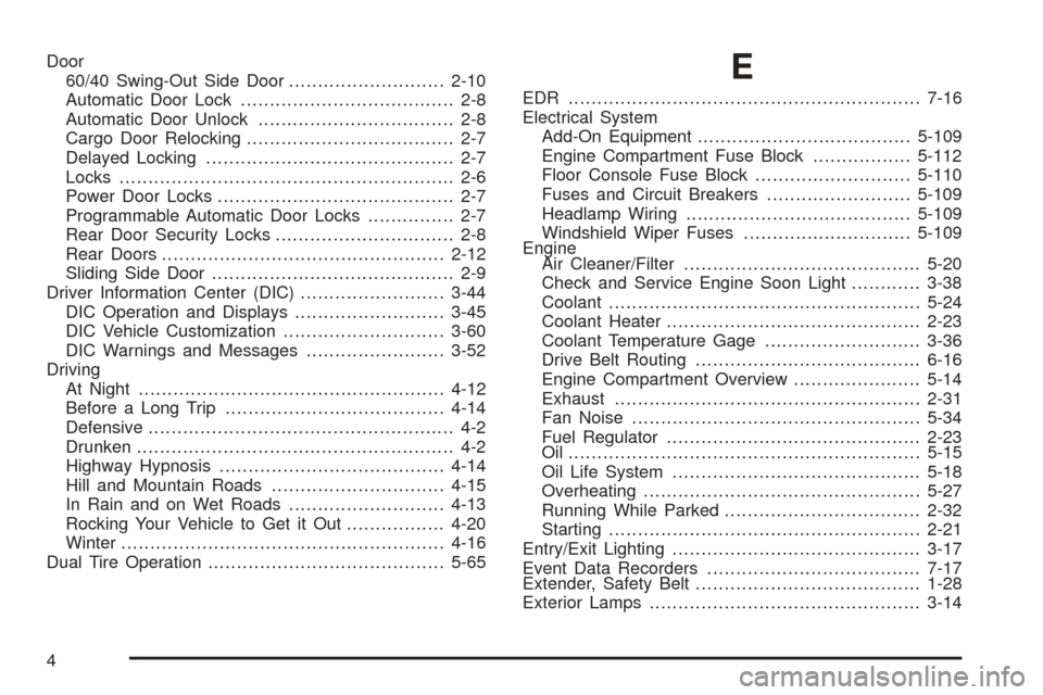CHEVROLET EXPRESS CARGO VAN 2008 1.G Owners Manual Door
60/40 Swing-Out Side Door...........................2-10
Automatic Door Lock..................................... 2-8
Automatic Door Unlock.................................. 2-8
Cargo Door Relock