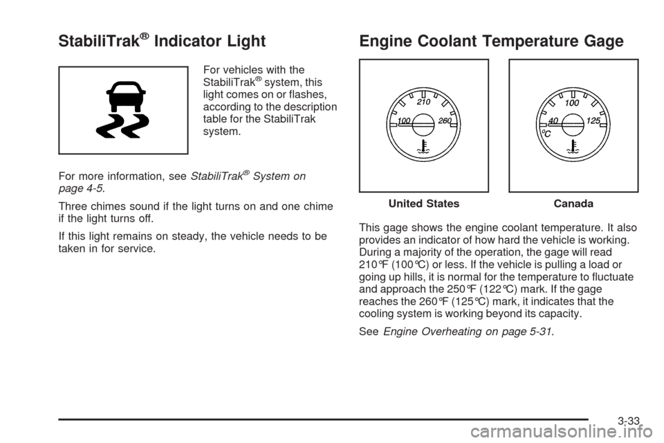 CHEVROLET EXPRESS CARGO VAN 2009 1.G Owners Manual StabiliTrak®Indicator Light
For vehicles with the
StabiliTrak®system, this
light comes on or ﬂashes,
according to the description
table for the StabiliTrak
system.
For more information, seeStabili