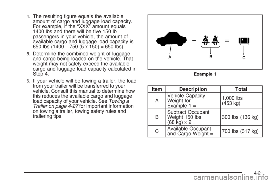 CHEVROLET EXPRESS CARGO VAN 2009 1.G Owners Manual 4.The resulting figure equals the available
amount of cargo and luggage load capacity.
For example, if the “XXX” amount equals
1400 lbs and there will be five 150 lb
passengers in your vehicle, CHEVROLET EXPRESS CARGO VAN 2009 1.G Owners Manual 4.The resulting figure equals the available
amount of cargo and luggage load capacity.
For example, if the “XXX” amount equals
1400 lbs and there will be five 150 lb
passengers in your vehicle,