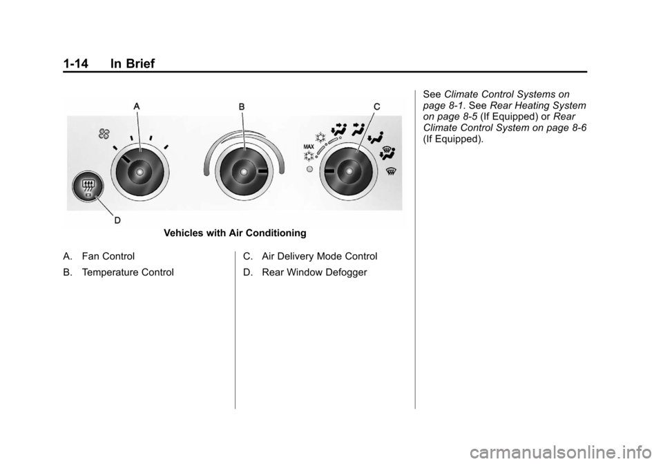 CHEVROLET EXPRESS CARGO VAN 2012 1.G User Guide Black plate (14,1)Chevrolet Express Owner Manual - 2012
1-14 In Brief
Vehicles with Air Conditioning
A. Fan Control
B. Temperature Control C. Air Delivery Mode Control
D. Rear Window DefoggerSee
Clima