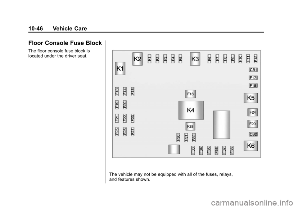 CHEVROLET EXPRESS CARGO VAN 2012 1.G Owners Manual Black plate (46,1)Chevrolet Express Owner Manual - 2012
10-46 Vehicle Care
Floor Console Fuse Block
The floor console fuse block is
located under the driver seat.
The vehicle may not be equipped with CHEVROLET EXPRESS CARGO VAN 2012 1.G Owners Manual Black plate (46,1)Chevrolet Express Owner Manual - 2012
10-46 Vehicle Care
Floor Console Fuse Block
The floor console fuse block is
located under the driver seat.
The vehicle may not be equipped with