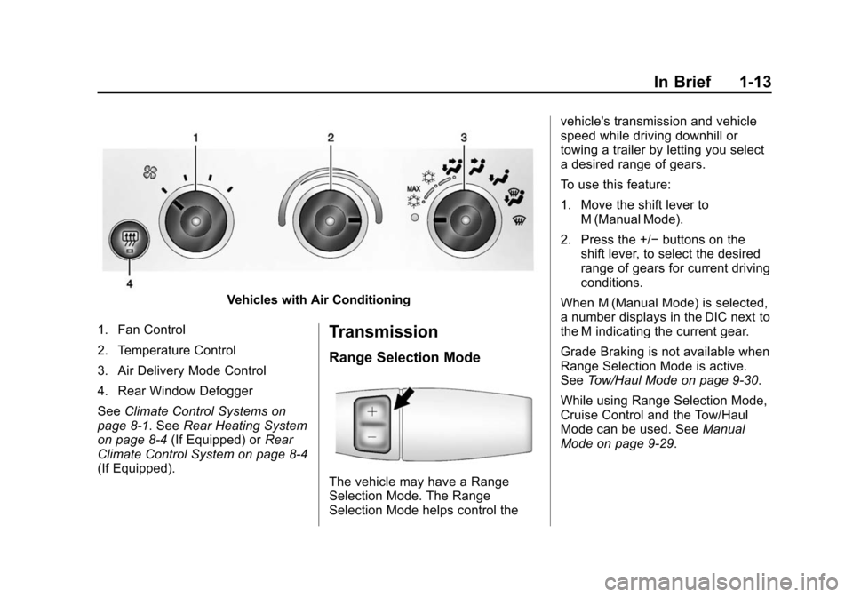 CHEVROLET EXPRESS CARGO VAN 2014 1.G User Guide Black plate (13,1)Chevrolet Express Owner Manual (GMNA-Localizing-U.S./Canada/Mexico-
6014662) - 2014 - crc - 8/26/13
In Brief 1-13
Vehicles with Air Conditioning
1. Fan Control
2. Temperature Control