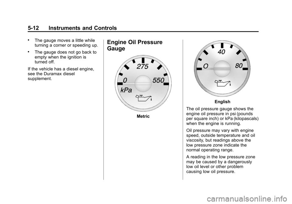 CHEVROLET EXPRESS CARGO VAN 2015 1.G Owners Manual Black plate (12,1)Chevrolet Express Owner Manual (GMNA-Localizing-U.S./Canada/Mexico-
7707481) - 2015 - crc - 2/10/15
5-12 Instruments and Controls
.The gauge moves a little while
turning a corner or 
