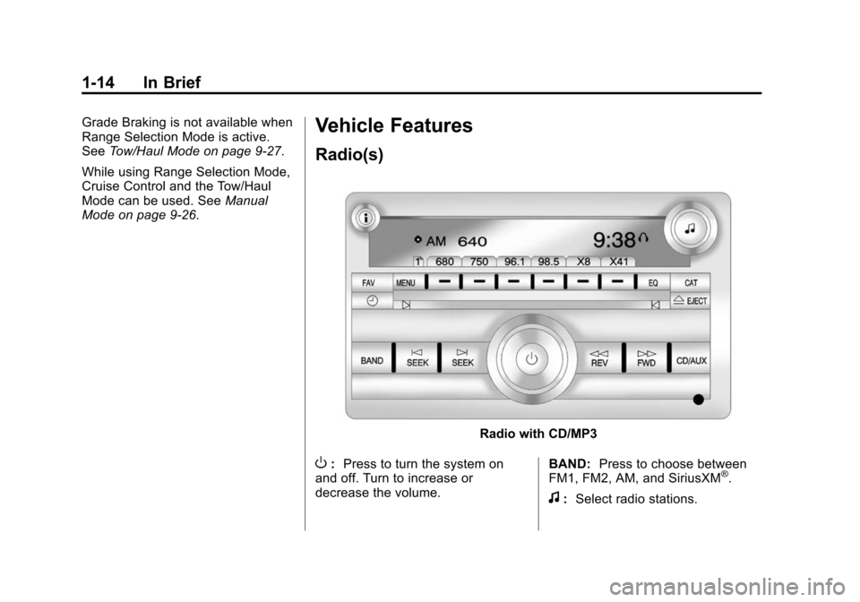 CHEVROLET EXPRESS CARGO VAN 2015 1.G Owners Manual Black plate (14,1)Chevrolet Express Owner Manual (GMNA-Localizing-U.S./Canada/Mexico-
7707481) - 2015 - crc - 2/10/15
1-14 In Brief
Grade Braking is not available when
Range Selection Mode is active.
CHEVROLET EXPRESS CARGO VAN 2015 1.G Owners Manual Black plate (14,1)Chevrolet Express Owner Manual (GMNA-Localizing-U.S./Canada/Mexico-
7707481) - 2015 - crc - 2/10/15
1-14 In Brief
Grade Braking is not available when
Range Selection Mode is active.