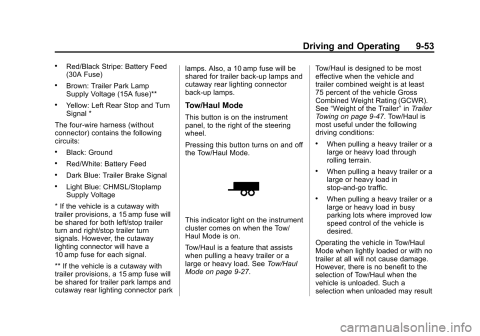 CHEVROLET EXPRESS CARGO VAN 2015 1.G Owners Manual Black plate (53,1)Chevrolet Express Owner Manual (GMNA-Localizing-U.S./Canada/Mexico-
7707481) - 2015 - crc - 2/10/15
Driving and Operating 9-53
.Red/Black Stripe: Battery Feed
(30A Fuse)
.Brown: Trai