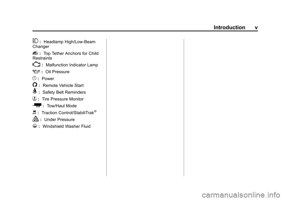 CHEVROLET EXPRESS CARGO VAN 2015 1.G Owners Manual Black plate (5,1)Chevrolet Express Owner Manual (GMNA-Localizing-U.S./Canada/Mexico-
7707481) - 2015 - crc - 2/10/15
Introduction v
3:Headlamp High/Low-Beam
Changer
i: Top Tether Anchors for Child
Res