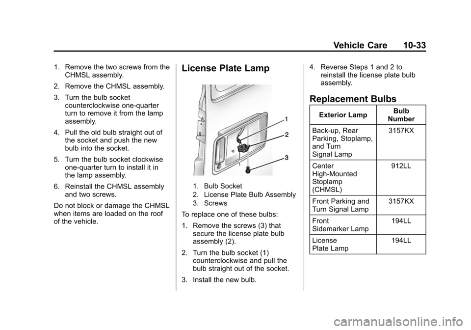 CHEVROLET EXPRESS CARGO VAN 2016 1.G Owners Manual Black plate (33,1)Chevrolet Express Owner Manual (GMNA-Localizing-U.S./Canada/Mexico-
7707481) - 2015 - CRC - 4/30/14
Vehicle Care 10-33
1. Remove the two screws from theCHMSL assembly.
2. Remove the 