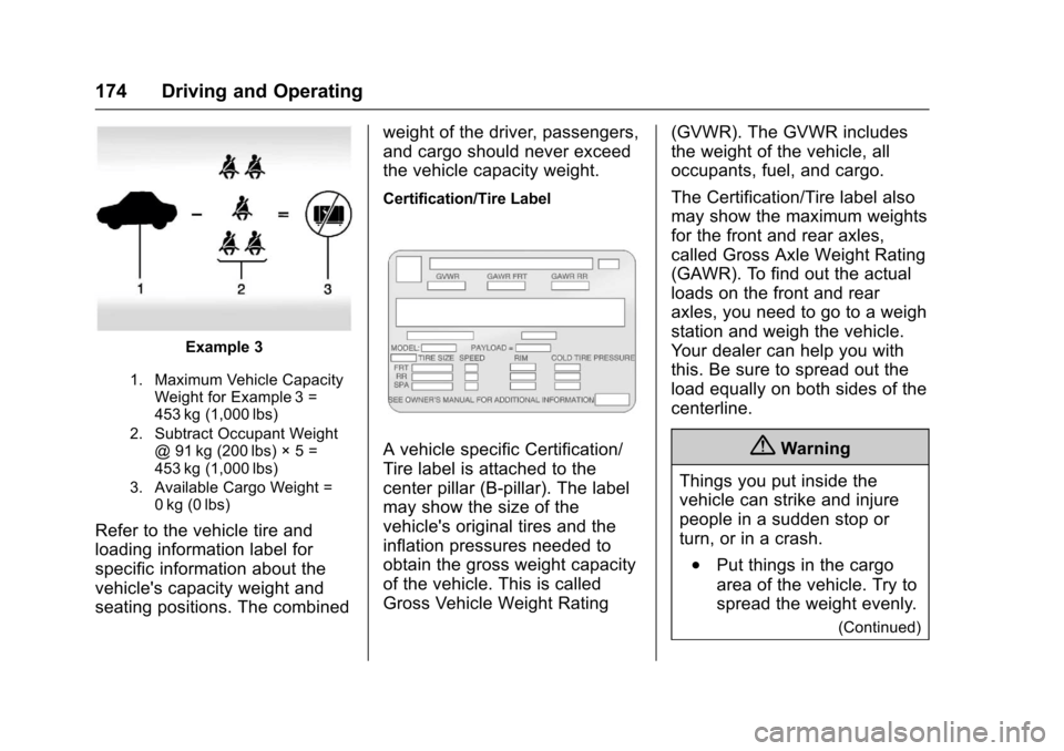 CHEVROLET EXPRESS CARGO VAN 2017 1.G Owners Manual Chevrolet Express Owner Manual (GMNA-Localizing-U.S./Canada/Mexico-9967827) - 2017 - crc - 5/6/16
174 Driving and Operating
Example 3
1. Maximum Vehicle CapacityWeight for Example 3 =453 kg (1,000 lbs