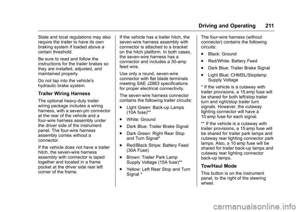 CHEVROLET EXPRESS CARGO VAN 2017 1.G Owners Manual Chevrolet Express Owner Manual (GMNA-Localizing-U.S./Canada/Mexico-9967827) - 2017 - crc - 5/6/16
Driving and Operating 211
State and local regulations may alsorequire the trailer to have its ownbraki CHEVROLET EXPRESS CARGO VAN 2017 1.G Owners Manual Chevrolet Express Owner Manual (GMNA-Localizing-U.S./Canada/Mexico-9967827) - 2017 - crc - 5/6/16
Driving and Operating 211
State and local regulations may alsorequire the trailer to have its ownbraki
