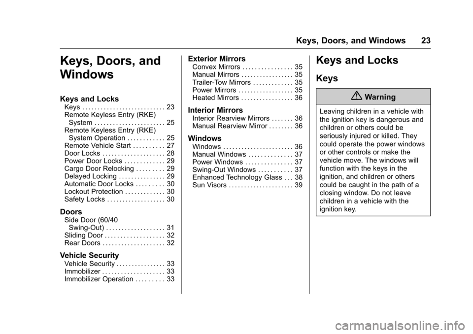 CHEVROLET EXPRESS CARGO VAN 2017 1.G Owners Manual Chevrolet Express Owner Manual (GMNA-Localizing-U.S./Canada/Mexico-9967827) - 2017 - crc - 5/2/16
Keys, Doors, and Windows 23
Keys, Doors, and
Windows
Keys and Locks
Keys . . . . . . . . . . . . . . . CHEVROLET EXPRESS CARGO VAN 2017 1.G Owners Manual Chevrolet Express Owner Manual (GMNA-Localizing-U.S./Canada/Mexico-9967827) - 2017 - crc - 5/2/16
Keys, Doors, and Windows 23
Keys, Doors, and
Windows
Keys and Locks
Keys . . . . . . . . . . . . . . .