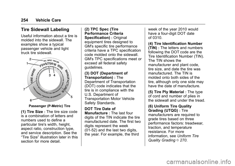 CHEVROLET EXPRESS CARGO VAN 2017 1.G Owners Manual Chevrolet Express Owner Manual (GMNA-Localizing-U.S./Canada/Mexico-9967827) - 2017 - crc - 5/2/16
254 Vehicle Care
Tire Sidewall Labeling
Useful information about a tire is
molded into the sidewall. T